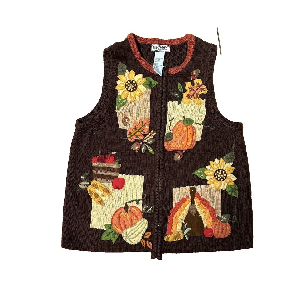 Tiara Women's Size Medium Fall Themed Brown Zip Up Vest